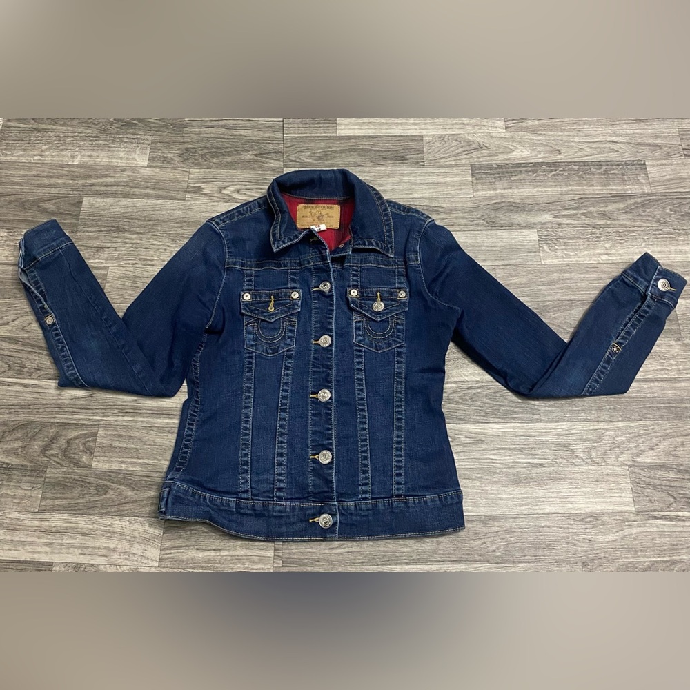 Red True Religion Section Trucker Jacket Dark Denim W/Red Flannel Liner Sz S